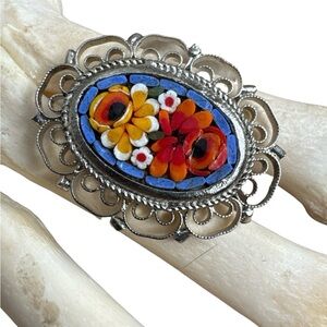 Vintage 1960s 1970s Italian Millefiori Micro Mosaic Brooch Pin Silver Tone